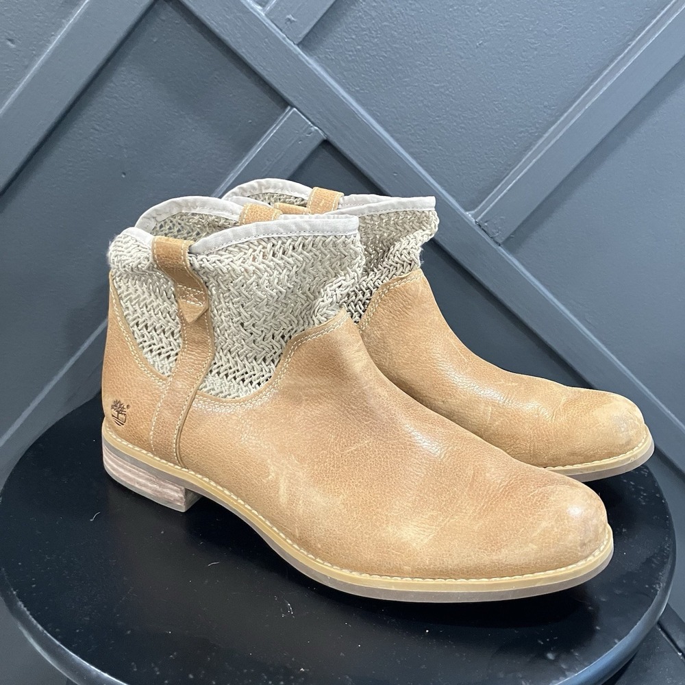 Timberland Leather Knit Ankle Booties Tan Brown Pull On Boots Womens Size 10